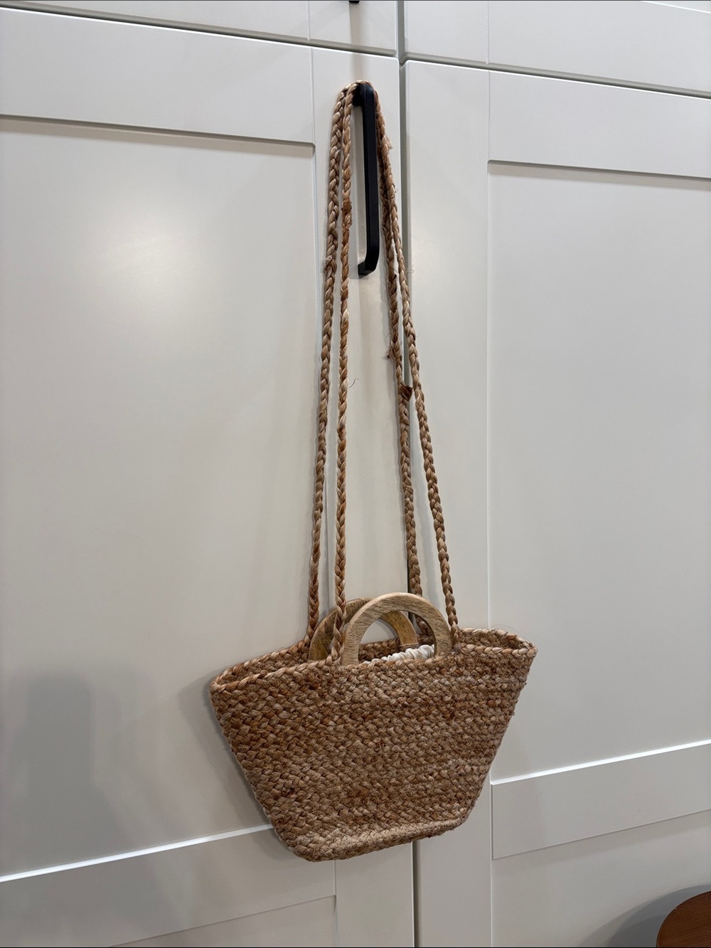 Woven Straw Tote Bag with Wooden Handle - Natural - Picture 3 of 7